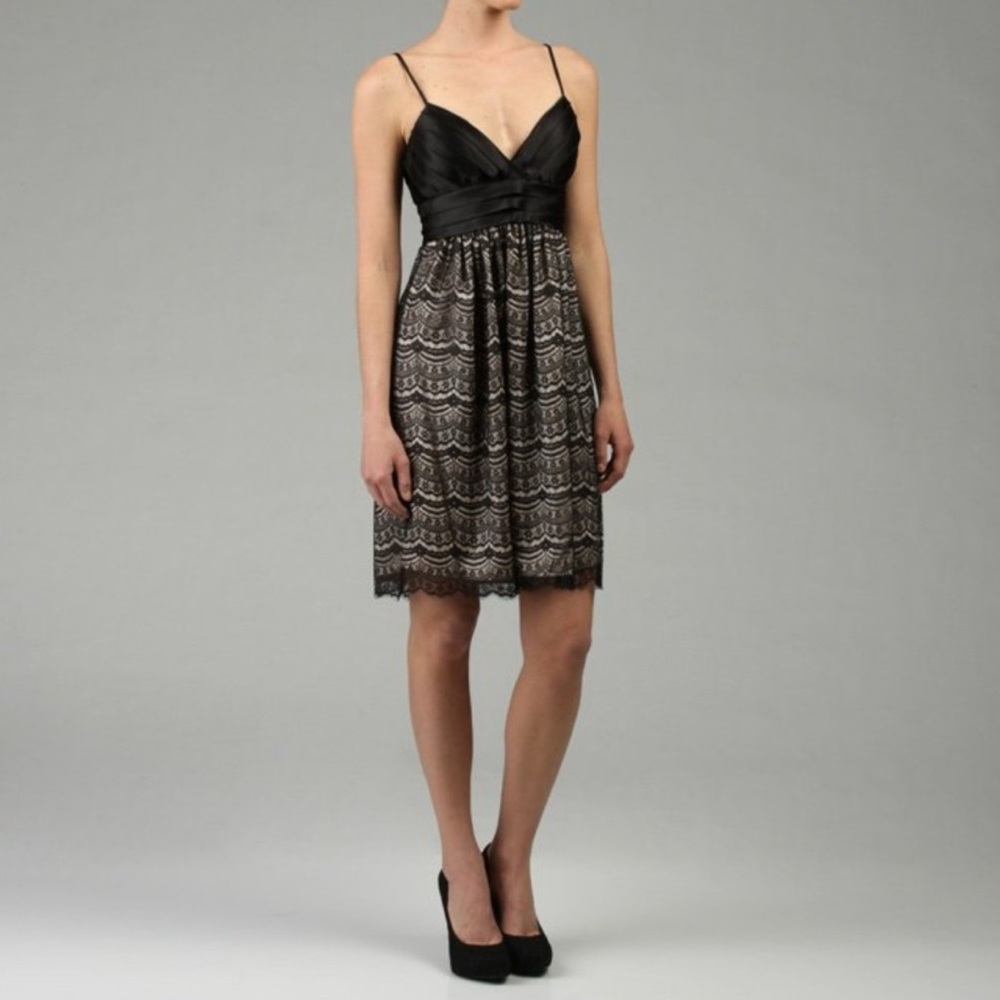 Max and Cleo Cocktail Dress Spaghetti Straps Black Lace Overlay Empire Size 12